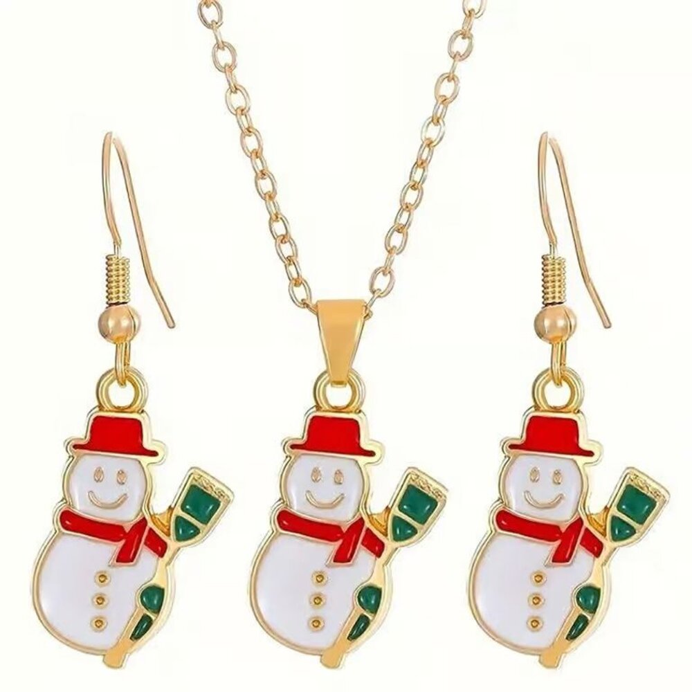 3 pcs. Gold CHRISTMAS Snowman Jewelry Set Necklace Earrings